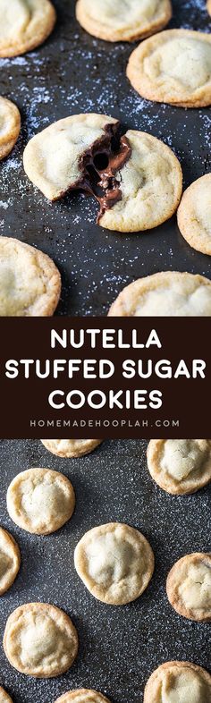 nutella stuffed sugar cookies on a baking sheet with the title text above it in black and white