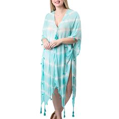 viscose tie-dye cover-up with tassels in turquoise and white print Adjustable Swimwear For Beach In Spring, Blue Summer Cover-up With Upf 50+, Bohemian Summer Pool Cover-up, Casual Upf 50+ Pool Cover-up, Casual Beach Dress For Pool Vacation, Hippie Style Cover-up For Poolside And Beach Season, Hippie Summer Poolside Cover-up, Hippie Style Summer Poolside Cover-up, Lightweight Blue Swimwear For Vacation