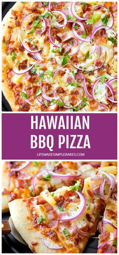 hawaiian bbq pizza with onions, cheese and green peppers on top is shown in three different pictures