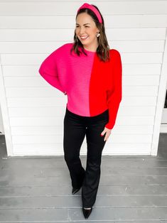 This sweater was made just for you! With its gorgeous color block style with pink and red, Samantha Pink & Red Color Block Sweater is sure to turn heads. The super soft rib knit material and dolman sleeve style provide all-day comfort to keep you feeling cozy and looking stylish. Ready, set, style! Gorgeous color block style with pink and red color combo Super soft rib knit material Dolman sleeve style Boat neck Perfect for Valentine's Day! Available in sizes S-L Size down if in between Carrie i Red Color Combo, Two Tone Sweater, Short Cardigan, Set Style, Block Style, Pink And Red, Color Block Sweater, Color Combo, Knitting Materials