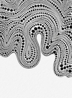 an abstract black and white painting with dots in the shape of a paisley pattern on paper