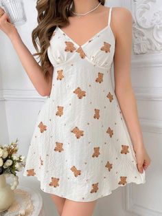 Bear Pattern V-Neck Cami Pajama Sleepwear Dress Beige Cute  Sleeveless Satin Animal Slip Dress Non-Stretch All Women Sleep & Lounge, size features are:Bust: ,Length: ,Sleeve Length: Dollete Pajamas, Cute Night Dress, Cute Sleep Dress, Pyjama Dress, Women Nightwear Dresses, Aliexpress Dresses, Pajamas Dress, Night Wear Dress, Honeymoon Dress