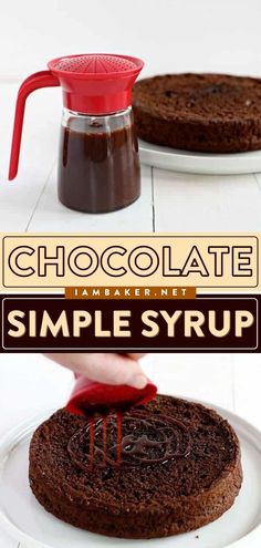 chocolate cake on a plate with syrup being drizzled over the top and bottom