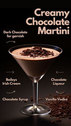 a chocolate martini is shown with ingredients labeled in the top right hand corner and bottom left