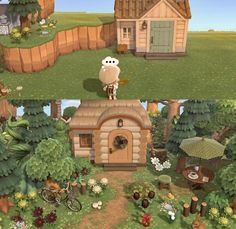 an animated house in the middle of two different pictures, one with a dog and another with a cat