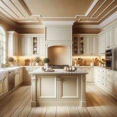 a large kitchen with wooden floors and white cabinets, an island in the middle is surrounded by potted plants