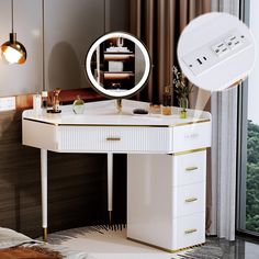 a white desk with a mirror and lights on it