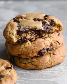 chocolate chip cookies stacked on top of each other