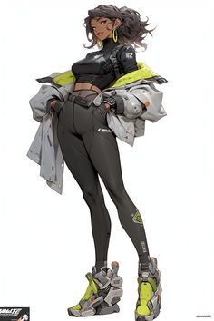 a woman in black and yellow is standing with her hands on her hips while wearing futuristic gear