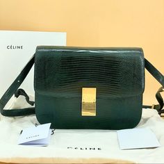 CELINE classic bag Lizard skin NWT WZY8663 Product Details Size: W23 H18 D7CM Strap L138CM W9" H7.25" D2.75" Strap L54.5" Retail price: 8700cad+ tax Color：Green Leather: Lizard skin Accessory: Tag, dust bag, box Condition: Brand new Sub-category: Shoulder bag, crossbody bag, cluth Please Note All products in our store are second-hand and vintage. ITEM LOCATION IS CANADA. Duties are set by the destination country/province's customs authorities. We are not responsible for paying any duties. These Luxury Green Double Flap Bag, Elegant Green Bag With Double Flap, Elegant Green Double Flap Bag, Designer Green Double Flap Bag, Green Double Flap Evening Bag, Green Evening Bag With Double Flap, Box Aesthetic, Celine Box, Lizard Skin