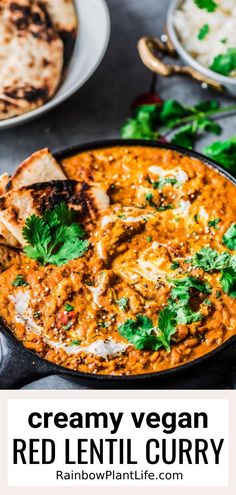 creamy vegan red lentil curry with pita bread on the side