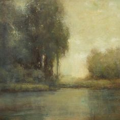 an oil painting of trees by the water