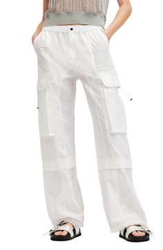 Maximize the utilitarian attitude of your look with these woven cotton cargo pants finished with drawcord-toggle hems. Zip fly with snap closure Elastic waist Front slant pockets; cargo flap-patch pockets Drawcord-toggle hems 100% cotton Dry clean Imported Casual Nylon Cargo Pants With Patch Pockets, Utility Cargo Pants With Drawstring For Workwear, Casual Spring Allsaints Bottoms, Allsaints Relaxed Fit Bottoms For Spring, Allsaints Cotton Bottoms For Spring, Spring Utility Parachute Pants With Flap Pockets, Utility Nylon Cargo Pants For Summer, Summer Utility Cargo Style Parachute Pants, Allsaints Casual Spring Pants