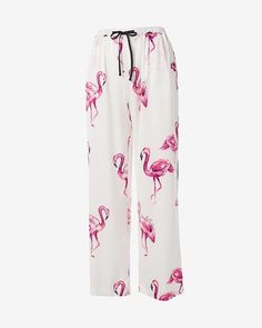 Why you’ll love it: Stand out from the flock in these whimsical, flamingo-print pajama pants. Made of stretch satin with a drawstring waistband, they're as comfortable as can be! Details Drawstring waist. 30" inseam. 93% polyester, 7% spandex. Machine wash. Imported. Summer Pants With Elastic Waistband For Sleepover, Summer Bottoms With Elastic Waistband For Sleepovers, White Spring Sleepwear With Elastic Waistband, White Summer Sleep Pants, Casual Drawstring Sleepwear For Spring, Casual Spring Sleepwear With Drawstring, Printed Summer Bottoms For Pajama Party, Printed Bottoms For Summer Pajama Party, Printed Bottoms For Pajama Party In Summer