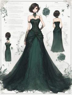 Green Prom Dress Outfit, Green And Black Gown, Slytherin Prom Dress, Green Dress Drawing, Green Fantasy Dress, Slytherin Dress, Black And Green Dress, Vestidos Anime