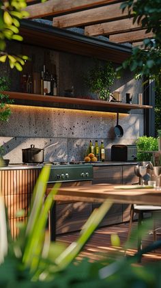 an outdoor kitchen with potted plants and pots on the stove top, surrounded by greenery