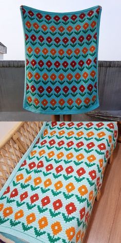 a crocheted bench cushion sitting on top of a wooden floor next to a chair