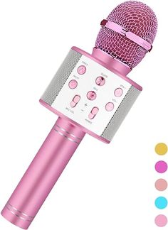 a pink microphone with buttons on the front and side panel, all in different colors