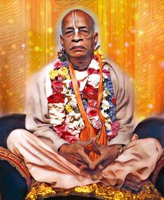 an old man sitting on a chair with flowers around his neck and hands in front of him