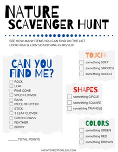 the nature scavenger hunt is shown in blue, red and white with words on it