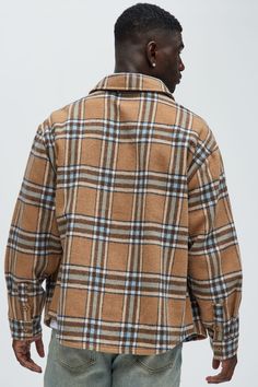 Model Height: 6'2 - Wearing Large Big & Tall: Height 6'3- Wearing XXXL Available In Beige. Long Sleeve Front Button Closure Front Chest Pockets Oversized Fit Disclaimer: Plaid Placement Will Vary 63% Polyester 15% Acrylic 8% Rayon 6% Cotton 5% Nylon 3% Wool Imported | Mens Come See Me Plaid Shacket in Beige size 2XL by Fashion Nova Plaid Outerwear With Button Closure And Spread Collar, Brown Camp Collar Tops For Fall, Plaid Collared Single-breasted Top, Brown Single Breasted Winter Top, Brown Single-breasted Winter Top, Tall Height, Beige Fashion, Beige Long Sleeve, Come See Me