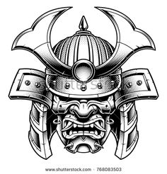 a japanese warrior mask with an open mouth and large horns on his head, black and white drawing