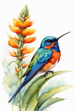 a colorful bird sitting on top of a plant next to orange and green flowers in watercolor