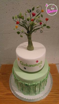 a cake decorated with a tree on top