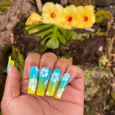 Hawaiian Nail Art, Tropical Flower Nails, Hawaiian Flower Nails, White Hibiscus Flower, Hawaiian Nails, Long Press On Nails, White Hibiscus, Neon Flowers