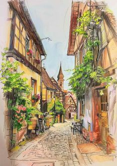 a drawing of an old european street