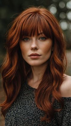 Fall Hair Colors Dark Copper Curtain Bangs 🍁 Red Golden Brown Hair, Dark Natural Red Hair Color, Copper Hair For Cool Skin Tones, Shoulder Length Red Hair With Layers, Dyed Copper Hair, Dark Orange Red Hair, Curtain Bangs Ginger Hair, Dimensional Auburn Hair, Dark Copper Hair With Highlights