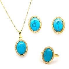 Gold Plated Natural Turquoise with Clear Cubic Zirconia Pendant Necklace & Earrings Rings Set. Necklace Detail: 20"inches in length with Sliding cufflinks freely adjustable. Pendant Detail: Width 0.5",Length with Bale 0.9" Earrings Detail: Width 0.5",Height 0.7" Environmental Standard: Nickel-free,  100% Brand New and High Quality. Gift for: Girlfriend / Wife / Mom/ Friends... *Comes with an elegant gift box. Turquoise Cubic Zirconia Jewelry Gift, Elegant Turquoise Round Jewelry Sets, Mom Friends, Set Necklace, Rings Set, Friends Mom, Earrings Rings, Natural Turquoise, Elegant Gift