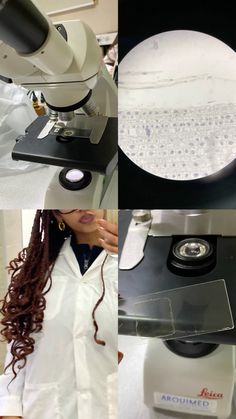 a woman in white lab coat looking through a microscope at something on the counter top