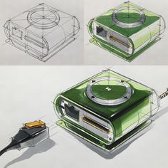 three different views of an electronic device in various stages of being drawn, with one showing the front and back side of the device