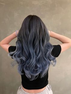 Dyed Hair For Brunettes Underneath, Blue Grey Balayage, Good Hair Color Ideas For Brunettes, Grey Hair With Purple Underneath, Cool Tone Balayage On Dark Hair, Cool Ways To Dye Your Hair Ideas, Smoky Gray Hair, Korean Hair Styles For Long Hair, Aesthetic Hair Color Highlights