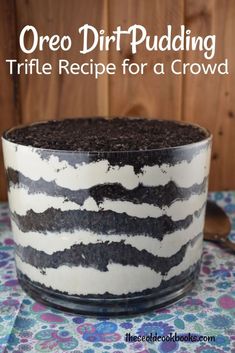 a layered oreo trifle in a glass dish with the title text overlay