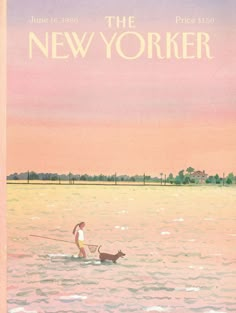 a man and his dog are in the water with an orange sky behind them that reads, the new yorker