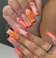 SARASOTA FLORIDA NAILS•ACRYLIC TOES🌟👩🏻‍❤️‍💋‍👩🏼 | 😩🫶🏼🍊 HALF OF JULY BOOKS NOW OPEN… | Instagram Nail Vibes, Sculpted Nails, Peach Nails, Acrylic Nail Set, Airbrush Nails, Drip Nails, Colored Acrylic, Colored Acrylic Nails, Cute Acrylic Nail Designs