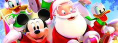 mickey mouse and friends in front of the sky with santa claus, goofy, pluto and other disney characters