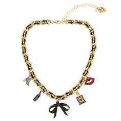 Betsey Johnson Going All Out Charm Chain Necklace Plastic Fabric, Woven Ribbon, Curb Chain Necklace, Ralph Lauren Style, Charm Chain, Betsey Johnson Jewelry, Wedding Watch, Faux Stone, Watches Jewelry