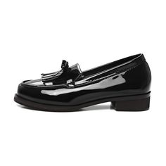 Black Round Toe Tassel Loafers For Office, Black Tassel Loafers With Round Toe, Black Pointed Toe Tassel Loafers For Office, Classic Black Tassel Loafers For Party, Black Tassel Loafers With Almond Toe For Fall, Casual Black Tassel Loafers With Closed Toe, Black Tassel Loafers With Round Toe For Spring, Black Patent Leather Tassel Loafers With Round Toe, Black Slip-on Tassel Loafers For Party