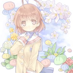 an anime character is standing in front of flowers