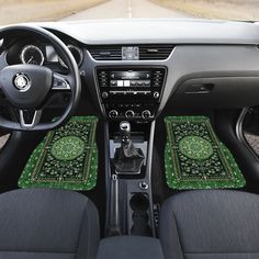 the interior of a car is decorated with colorful rugs and dash lines on the dashboard