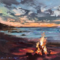 an oil painting of a campfire on the beach at sunset with clouds in the sky