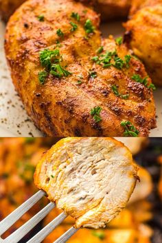 Chicken breast cooked in air fryer on a white rectangluar plate.