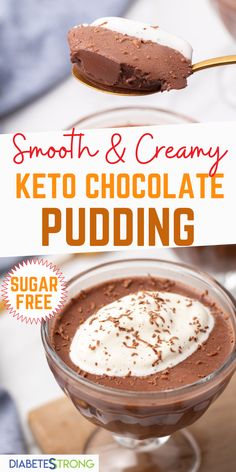 a spoon with chocolate pudding on it and the words, smooth & creamy keto chocolate pudding