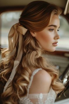 Dramatic Wedding Hair, Romantic Waves, Bridal Hair Down, Floral Wedding Hair, Classic Wedding Hair, Glam Wedding Makeup, Elegant Updos, Short Braids, Ribbon Hairstyle