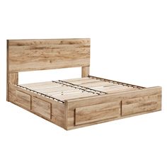 a wooden bed frame with two drawers on each side and no headboard or foot board