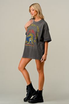 Country Deep You Shook Me OVERSIZED TEE Cotton tee cut in a relaxed fit that can be worn as a super-oversized tee or as a t-shirt dress. Made from washed-soft cotton with a ribbed crew neck, dropped short sleeves Content + Care- 100% Cotton- Machine wash- Imported Size + Fit- Model is 5’6” and wearing size S/M- Measurements taken from size S/M- Chest: 50”- Length: 30” Model is wearing a S/M Fall Drop Shoulder T-shirt With Graphic Print, Fall Graphic Print Drop Shoulder T-shirt, Oversized Distressed Cotton T-shirt, Edgy Oversized Washed T-shirt, Oversized Retro Distressed T-shirt, Acid Wash Oversized Edgy T-shirt, Retro Oversized Acid Wash T-shirt, Oversized Tee, T Shirt Dress