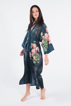 Luxury Silk Kimono With Floral Print, Luxury Long Sleeve Floral Print Robe, Chrysanthemum Kimono, Silk Maxi-length Printed Kimono, Floral Print Kimono Sleeves Sleep Robe, Black Kimono, Long Kimono, French Seam, How To Feel Beautiful